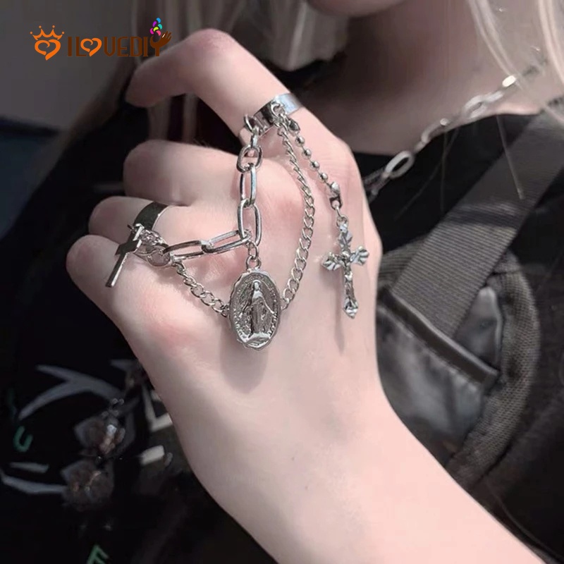 Wanita Pria Fashion Punk Hip Hop Dua Jari Terbuka Cincin/Ladies Key Lock Heart Cross Butterfly Chain Ring /Pesta Perhiasan Hadiah