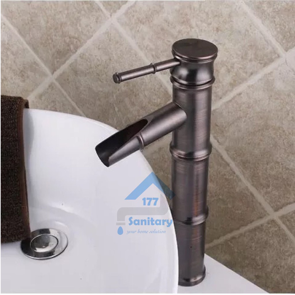 Kran Wastafel Panas dingin Kuningan Bambu  Hitam BLACK 30cm tinggi-Keran air sink brass unik tall uniq antik bamboo antique /C7