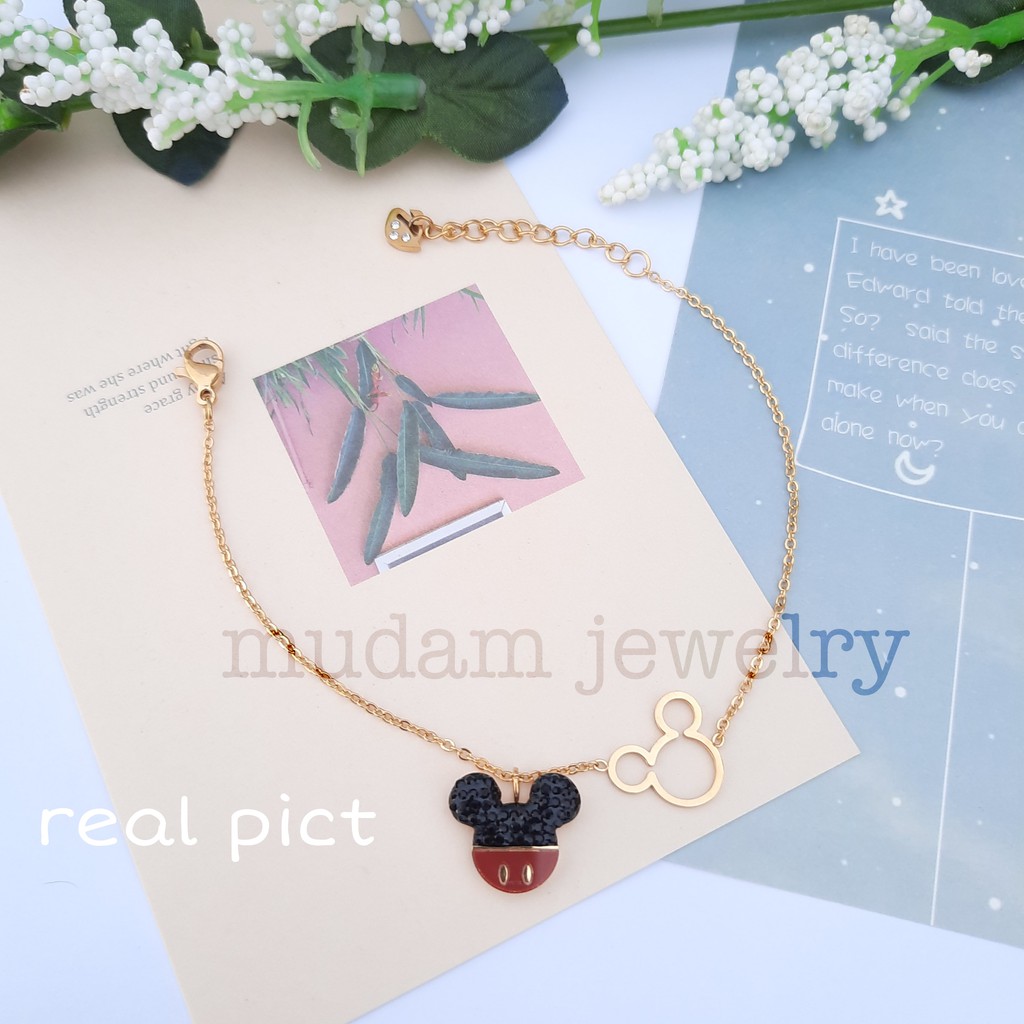 Gelang Rantai Titanium Model Mickey Hitam Merah Tersedia Warna Rose Gold dan Gold