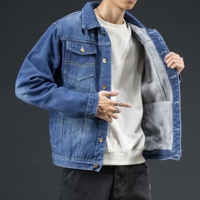 Jaket Jeans Pria Jaket Denim Pria Hangat untuk Musim Dingin