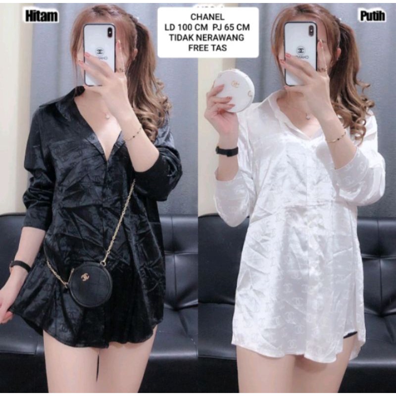 Kemeja wanita satin tangan panjang impor printing DR LV GC CH free tas rantai As6631-4