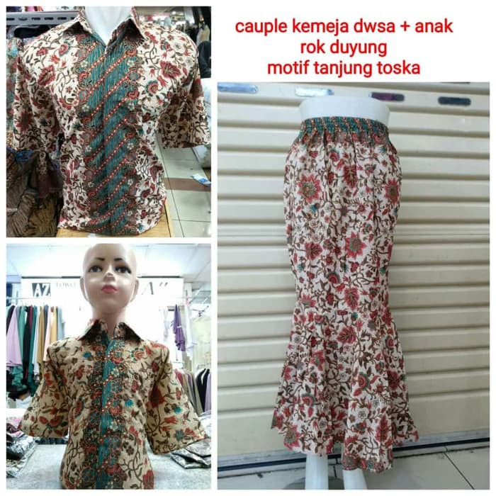 set keluarga couple kemeja ayah lengan pendek + kemeja anak + rok duyung