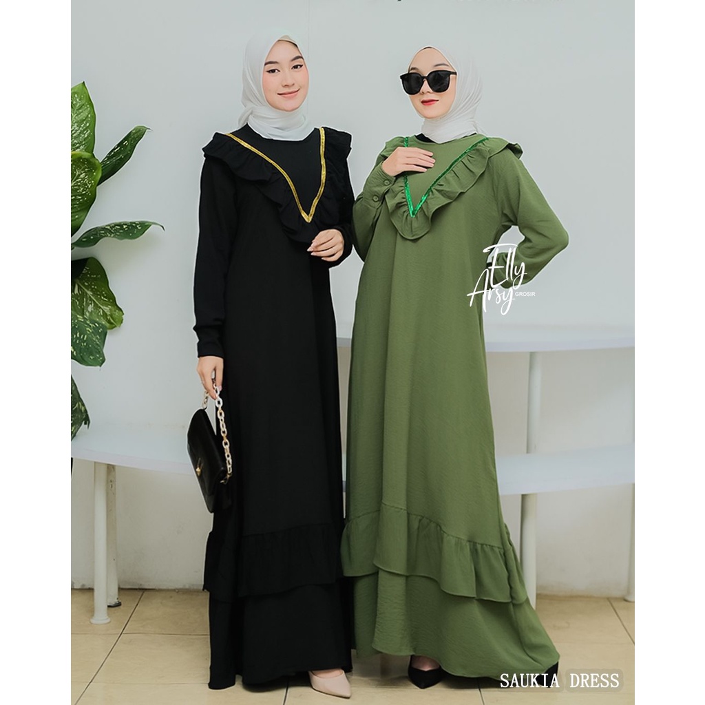 DRESS SAUKIA CRINGKEL by elyarsy original dress syari baju lebaran terbaru muslim busana muslimah wanita modern busui bumil