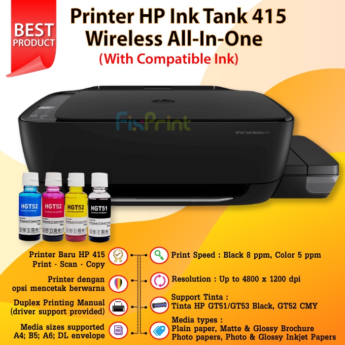 Printer 415 Print Scan Copy Ink Tank Werless A4 Garansi Resmi