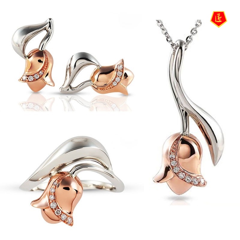[Ready Stock]Creative Rose Ring Ear Studs Pendant Jewelry Set