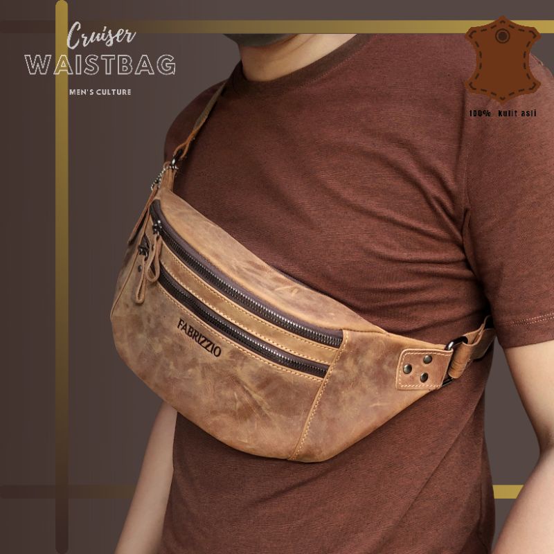 tas waistbag / chestbag double zipper kulit asli crazy horse