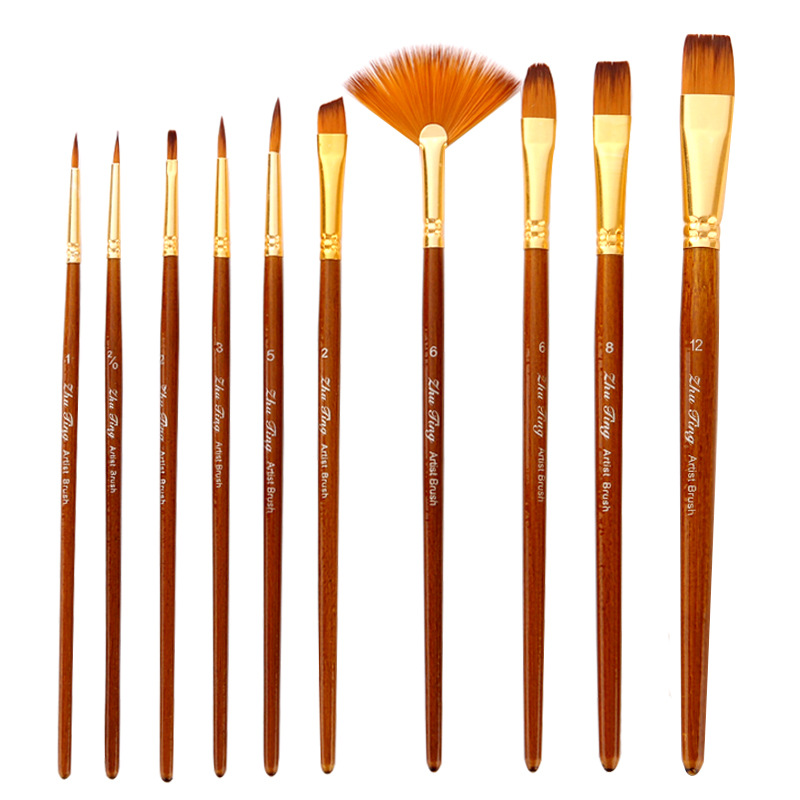 10Pcs/set Professional Nylon Hair Paint Brush Watercolor Acrylic Wooden Handle Painting Brushes Art Supplies