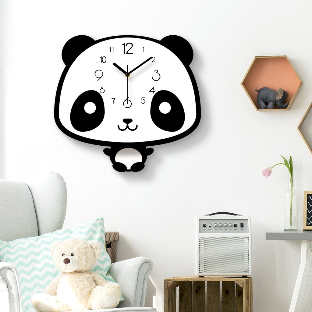 Jam Dinding Kreatif Bentuk Lucu Panda Ayunan Seri Hitam Putih