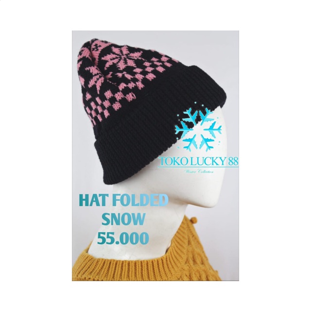 Topi Kupluk Rajut Wool Black Pink Hat Beanie Infinity Folded Snow