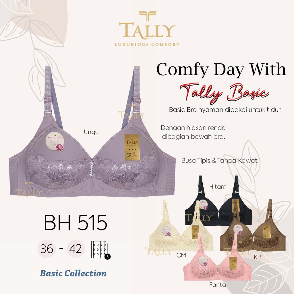 TALLY BRA BH 515 I CUP B BESAR | TANPA KAWAT I BUSA TIPIS I SIZE 36-42