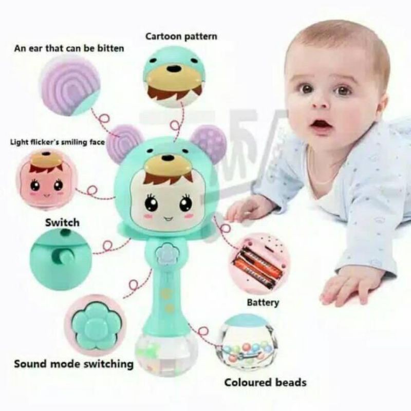 Mainan Tongkat Rattle Teether+Musik+Lampu Kelap-kelip Bentuk Kartun untuk Bayi