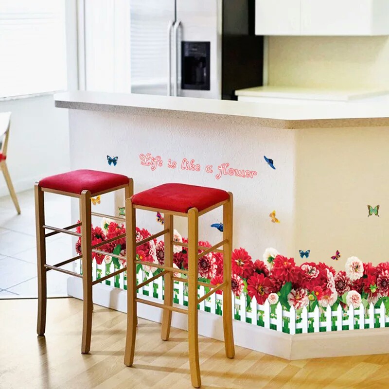 RELIZA WALL STICKER RUMPUT PAGAR PUTIH BUNGA GRASS RED FLOWER STIKER DINDING SK7002