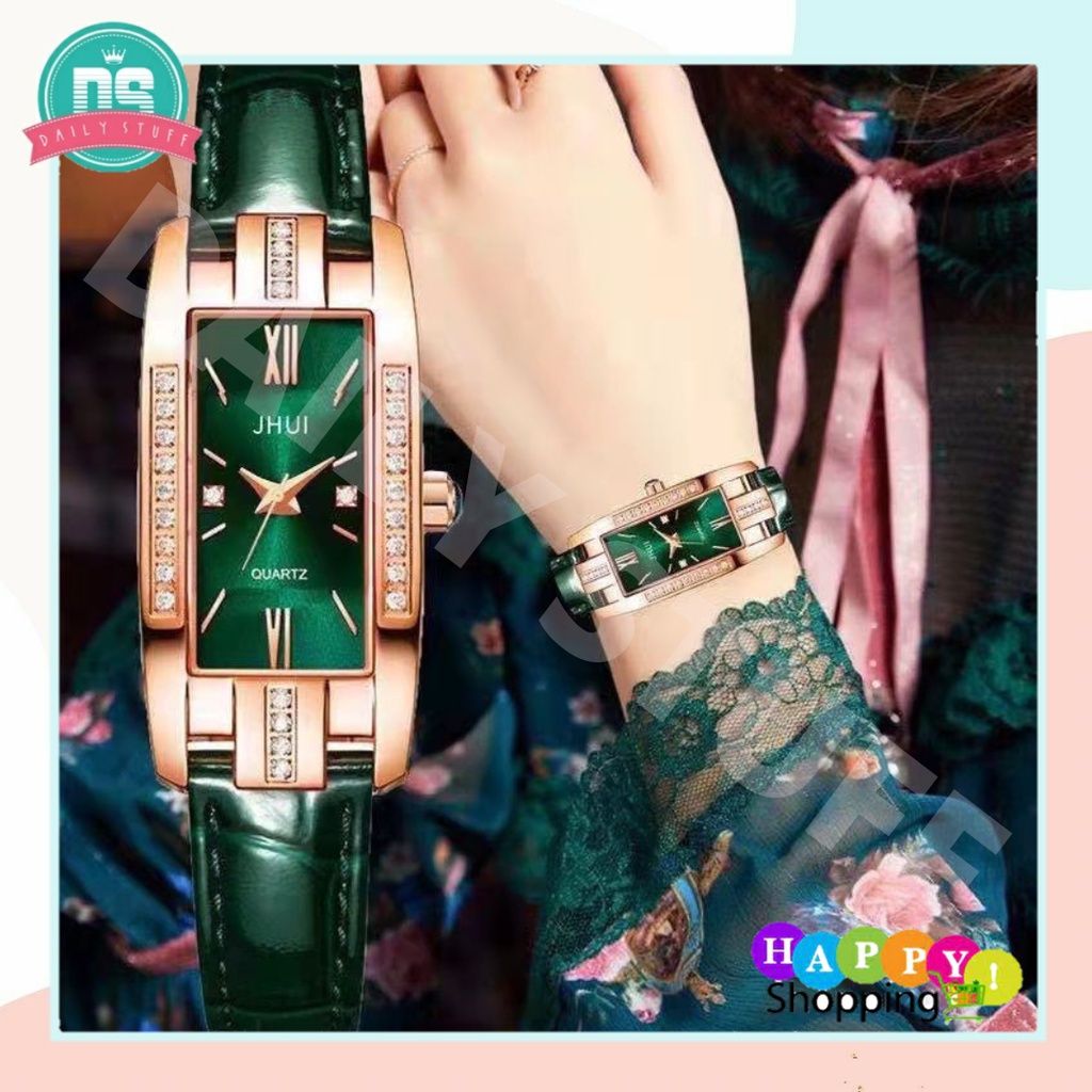 DS J035 Jam Tangan Wanita Analog Persegi Panjang Strap PU Kecil Fashion Import