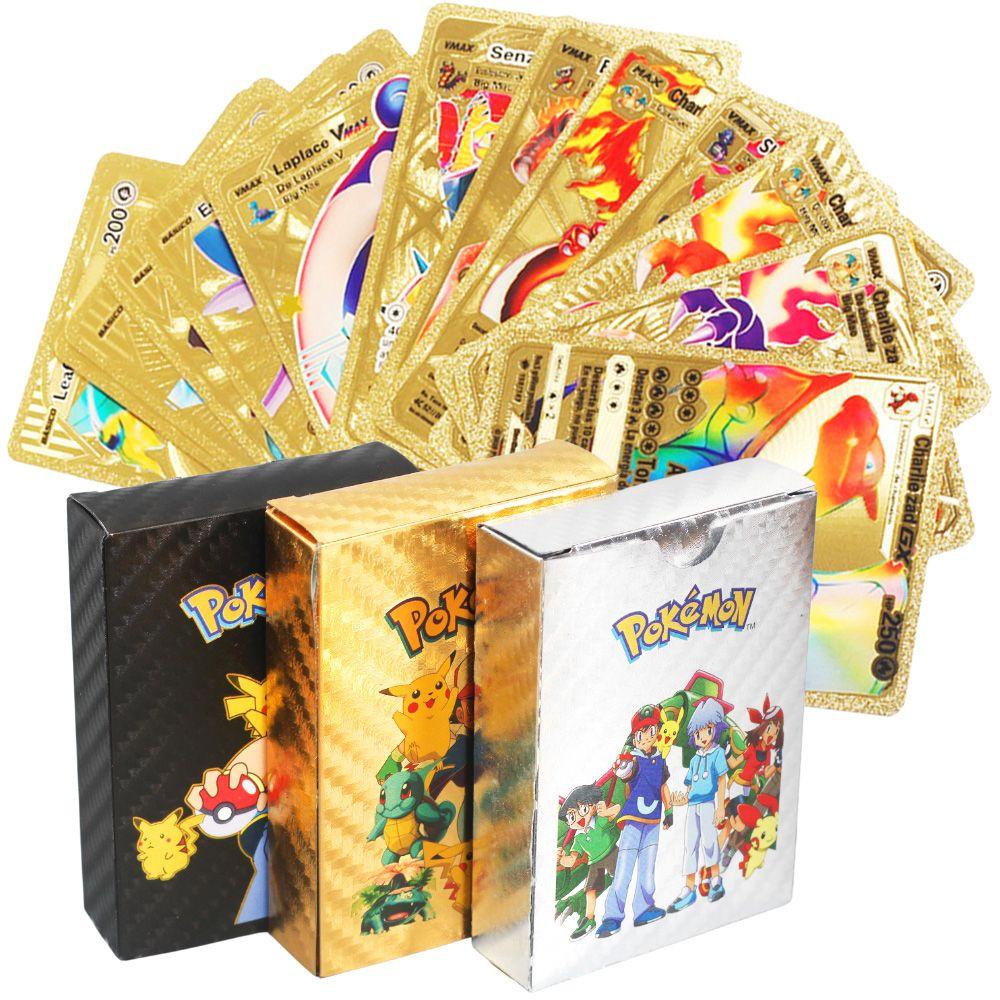 Lanfy Pokemon Golden Cards Mainan Anak Foil Emas Card Aksesoris PIKACHU Charizard Metal GX Card Pet Sprite Card