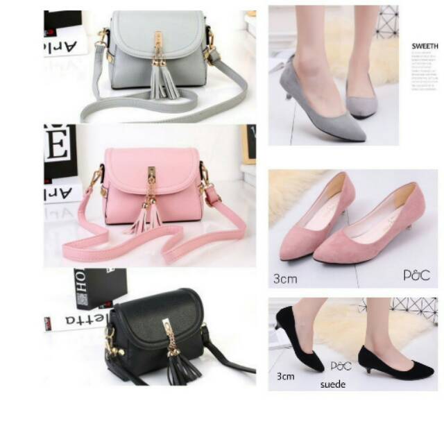 PAKET TAS SEPATU MURAH PAKETAN HEMAT SLINGBAG ZARA HEEL KERJA KANTOR FORMAL MAIN PENDEK LUCU  IMPORT