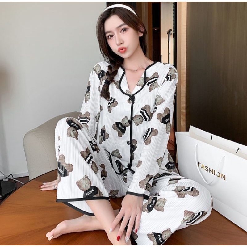 RULIF Baju tidur wanita krah kancing / Piyama lengan panjang krah serat import premium