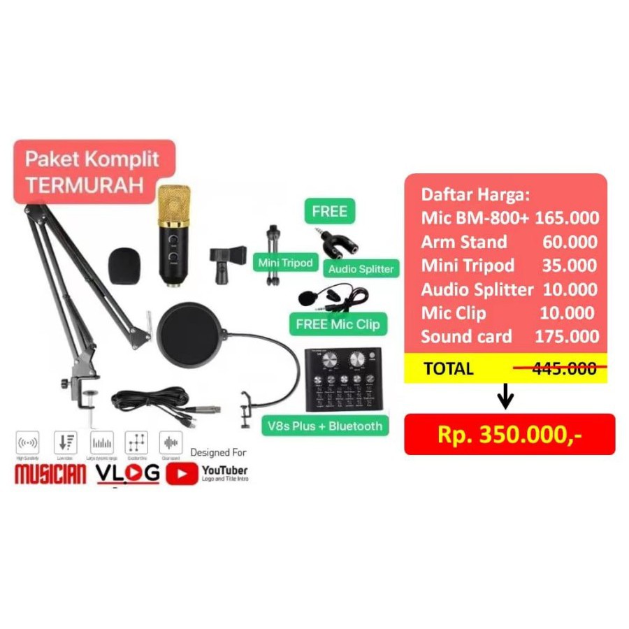 MIC-005 PAKET A KOMPLIT Rekaman BM-800 Upgrade CONDENSER SOUND CARD