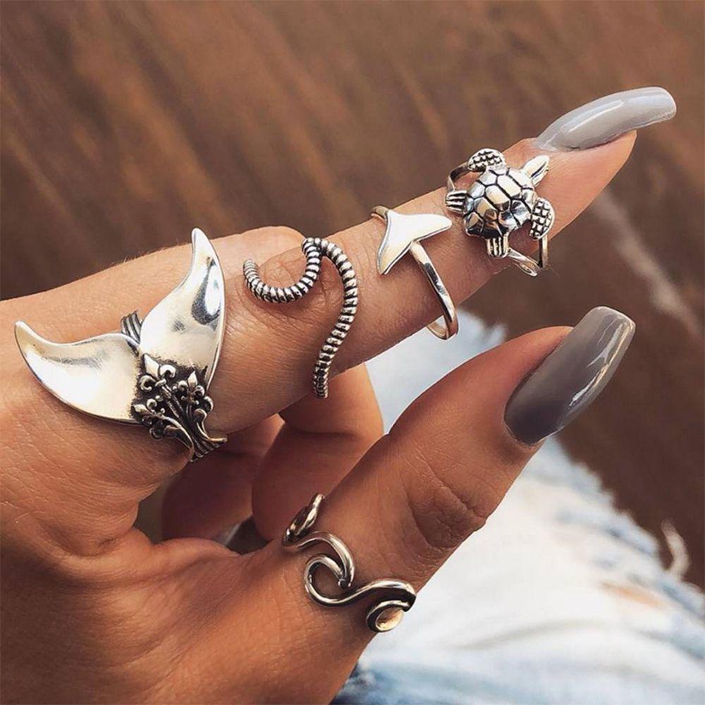 Preva 5PCS Cincin Set Cincin Gaya Boho Knuckle Charm Ekor Paus