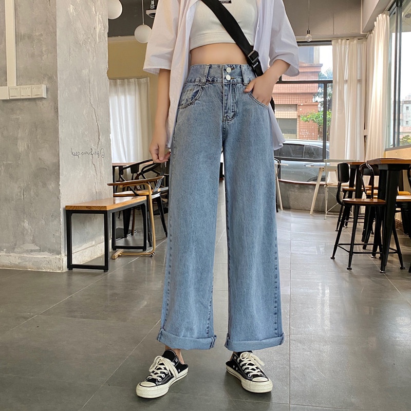 Celana Jeans Wanita High Waist Straight Pants Korean Style Celana Panjang