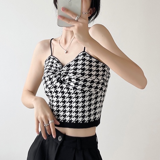 【Elegant】Korean Sexy Sleevless Plaid  Crop Top Tank Top  7485