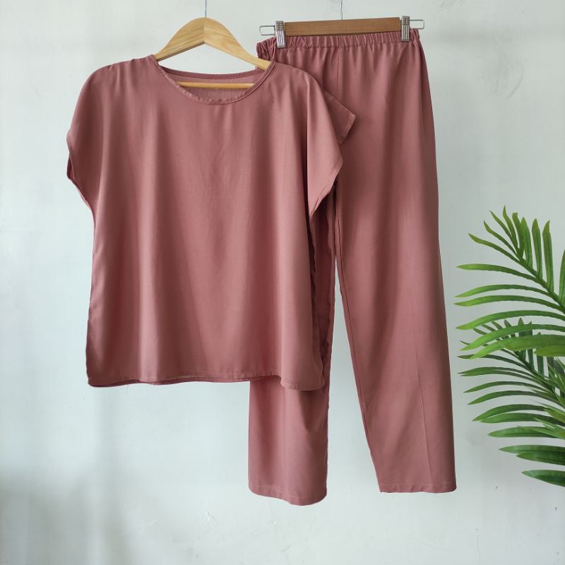 BAJU TIDUR POLOS PIYAMA POLOS CELANA PANJANG LENGAN PENDEK BAHAN RAYON babbydoll-POLOS MILO