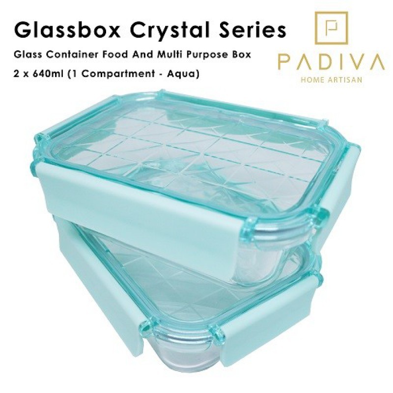 Padiva Glassbox Crystal Container 1 Compartment Tanpa Sekat 640ml 2 Pcs - Aqua