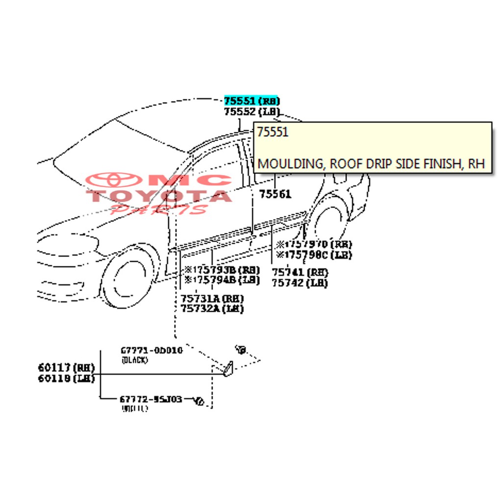 Moulding Roof Karet Atap Kanan Vios Old 75551-0D040-TH