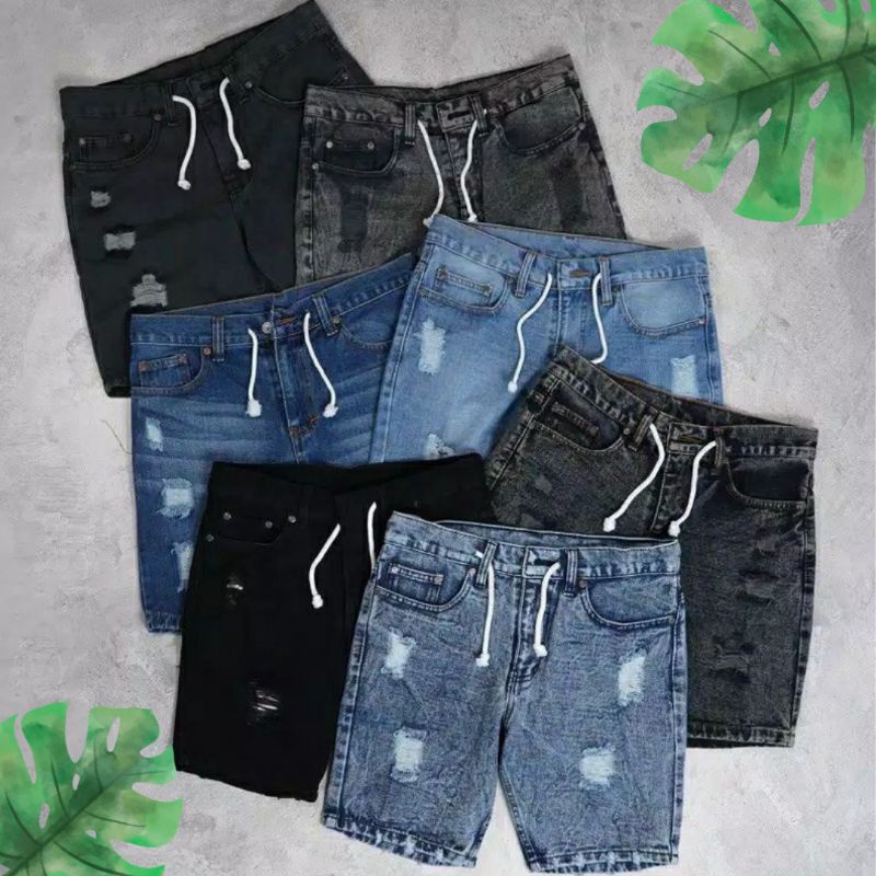 Celana Pendek Pria Ripped Jeans Navy Hitam Original Branded Sobek Robek