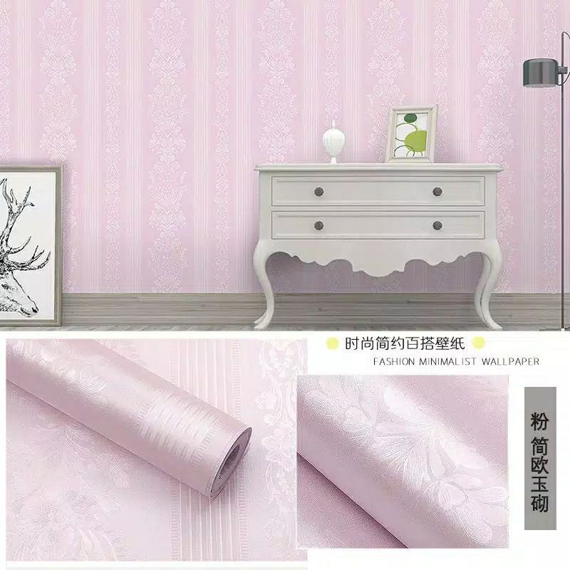 Wallpaper Sticker Dinding Polos Embos Garis Bunga Pink 10mx45cm