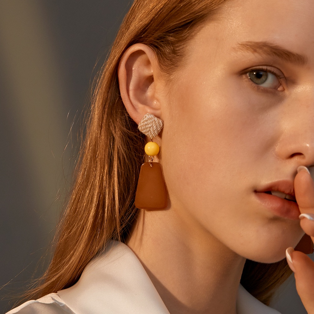 【CandyCat】Ins anting-anting wanita liontin bentuk geometris Anting jahitan tenunan Houndstooth-5