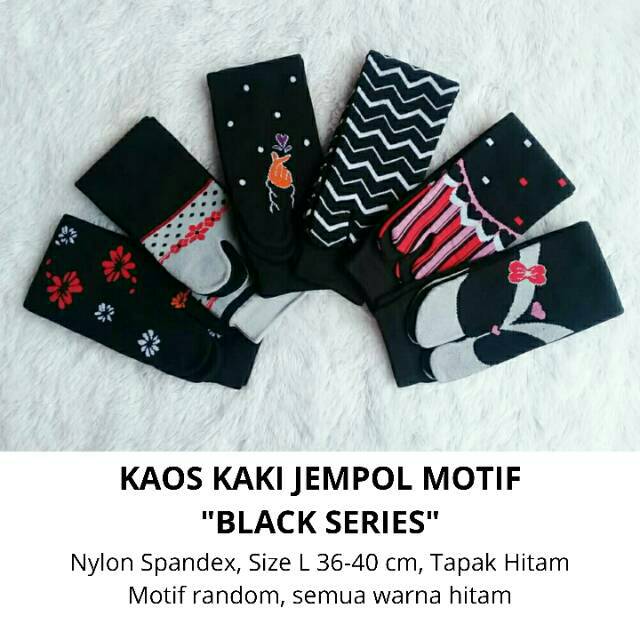 Kaos Kaki Jempol Motif Black Series Wanita Muslimah/Akhwat (Nylon Spandex Size L Tapak Hitam Murah)