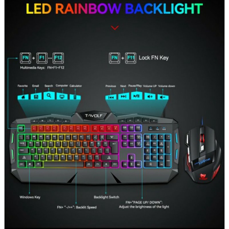 SKU-1284 KEYBOARD MOUSE GAMING TWOLF TF390 LED BACKLIGHT T WOLF TF 390