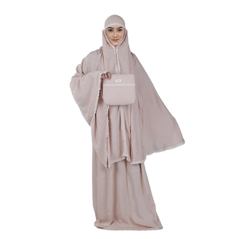 Mukena Sholat Renda Wanita Dewasa Resleting Cantik Mocca Model Terbaru Rayon Premium Cantik Adem