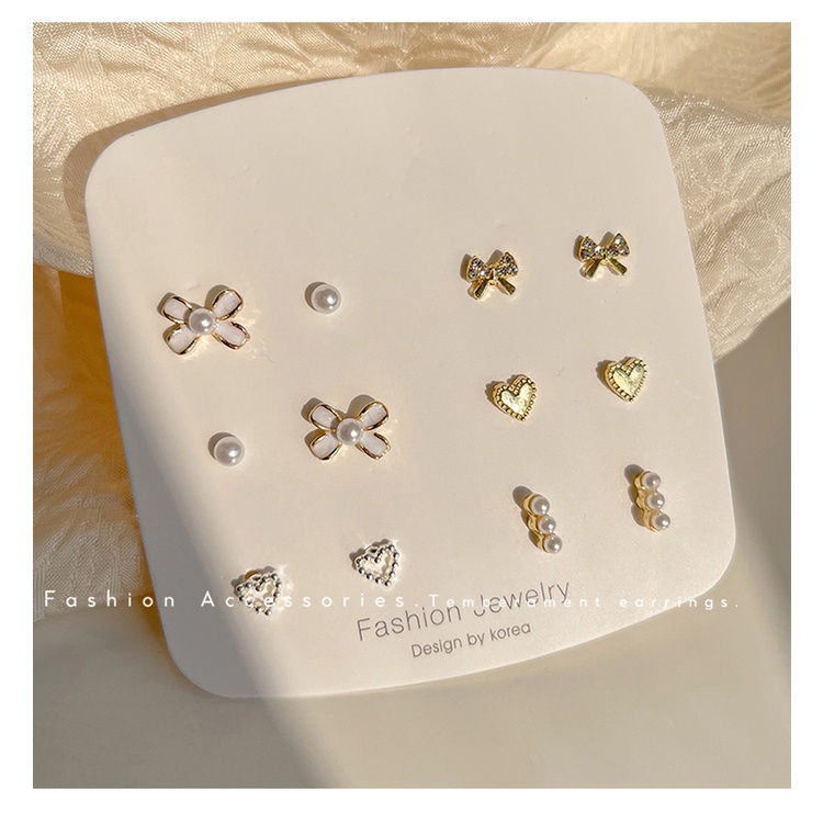 IFYOU 6pcs / set Anting Stud Mutiara Bentuk Hati Pita Elegan Untuk Wanita