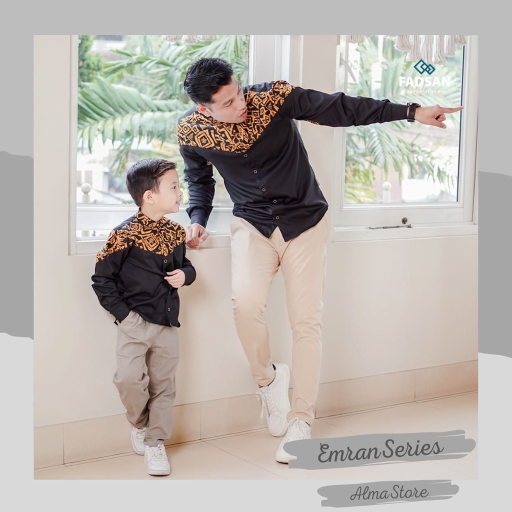 KEMEJA COUPLE AYAH DAN ANAK LAKI LAKI HITAM LIST BATIK USIA 1 TAHUN HINGGA 12 TAHUN LENGAN PANJANG