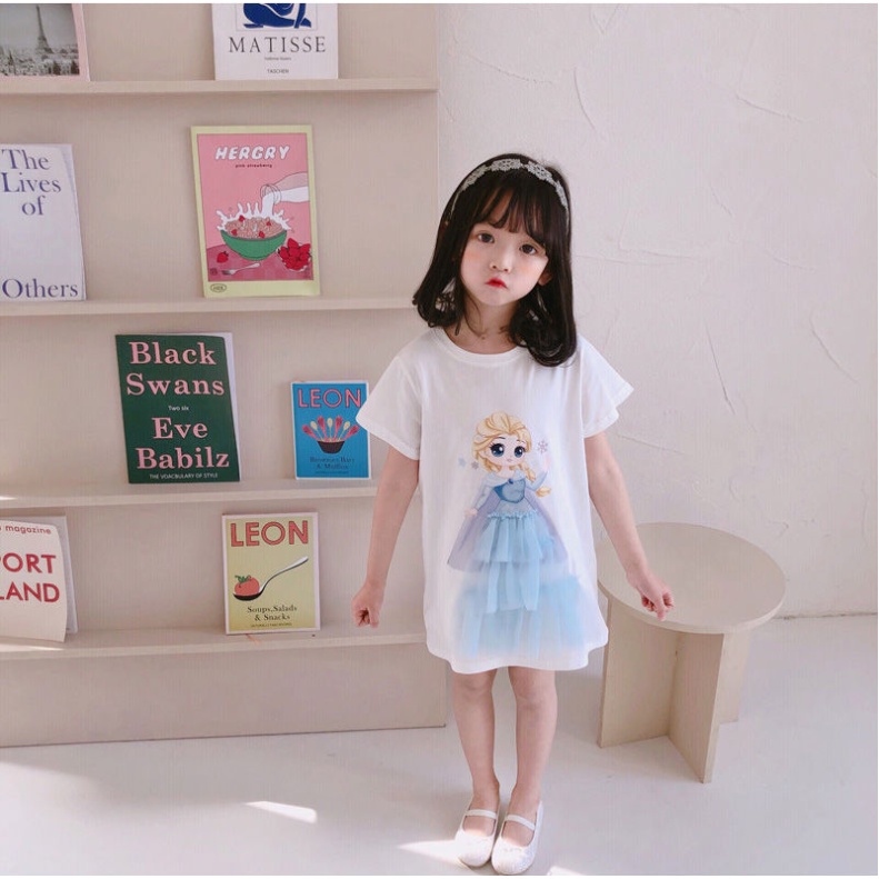 Dress lengan pendek anak perempuan Elsa Snow White Mermaid Model T-shirt/ Dress Kasual