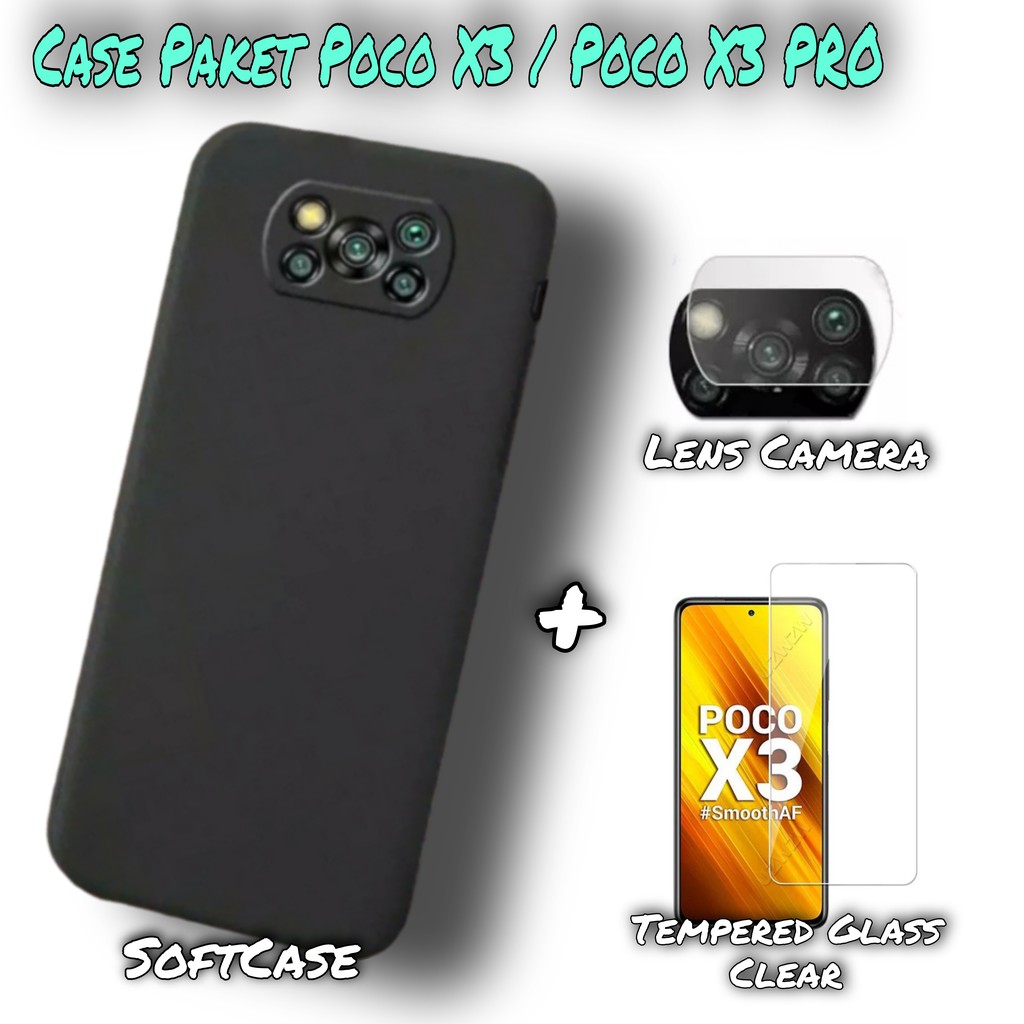 PROMO 3in1 - Case Poco X3 NFC Premium Matte Soft Casing Tempered Glass Screen &amp; Back Camera