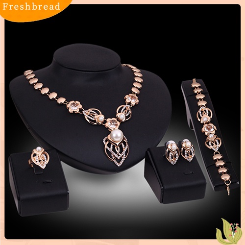 Terlaris Crystal Faux Pearl Gold Plated Ring Earrings Bracelet Collar Necklace Jewelry Set