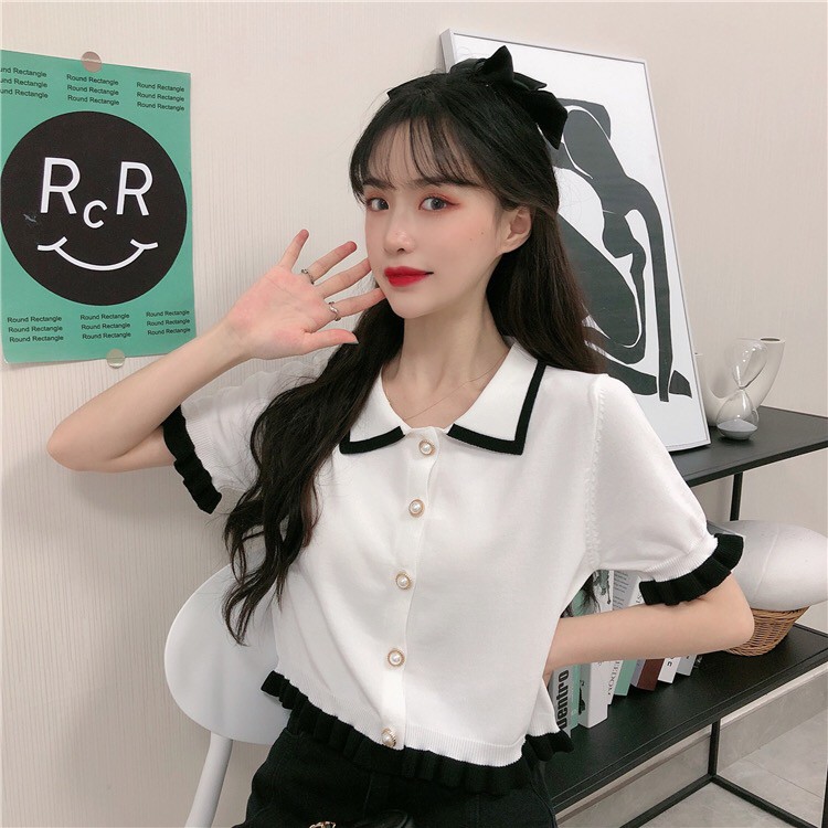 [Diskon Spesial] Crop top rajutan kaos lengan pendek wanita Korea