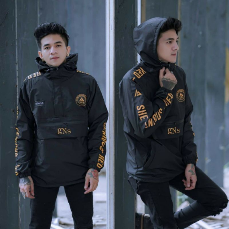 Jaket pria IKC 002 distro cbr Bandung hoodie dua sisi bolak balik keren grosir jaket cagoule erigo Jaket Pria Parasut Anti Air-CG Hitam Lis Kuning