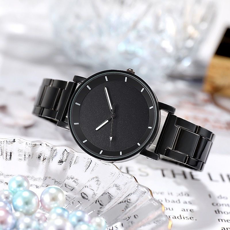 Jam Tangan Wanita Analog Quartz Casual Fashion Strap Rantai Hitam Stainless Steel Import Pria Murah