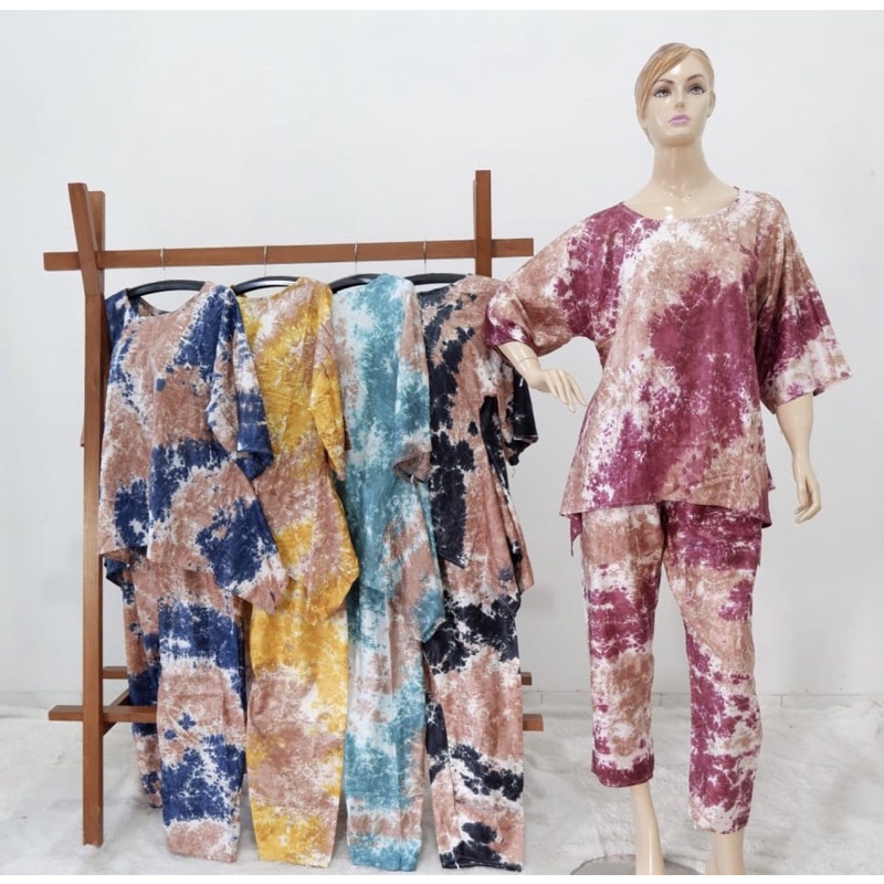 PIYAMA,PAJAMAS,ONESEAT,WANITA DEWASA,JUMBO,MURAH,RAYON PREMIUM,MOTIF TIEDYE  CELANA PANJANG BAJU ATA