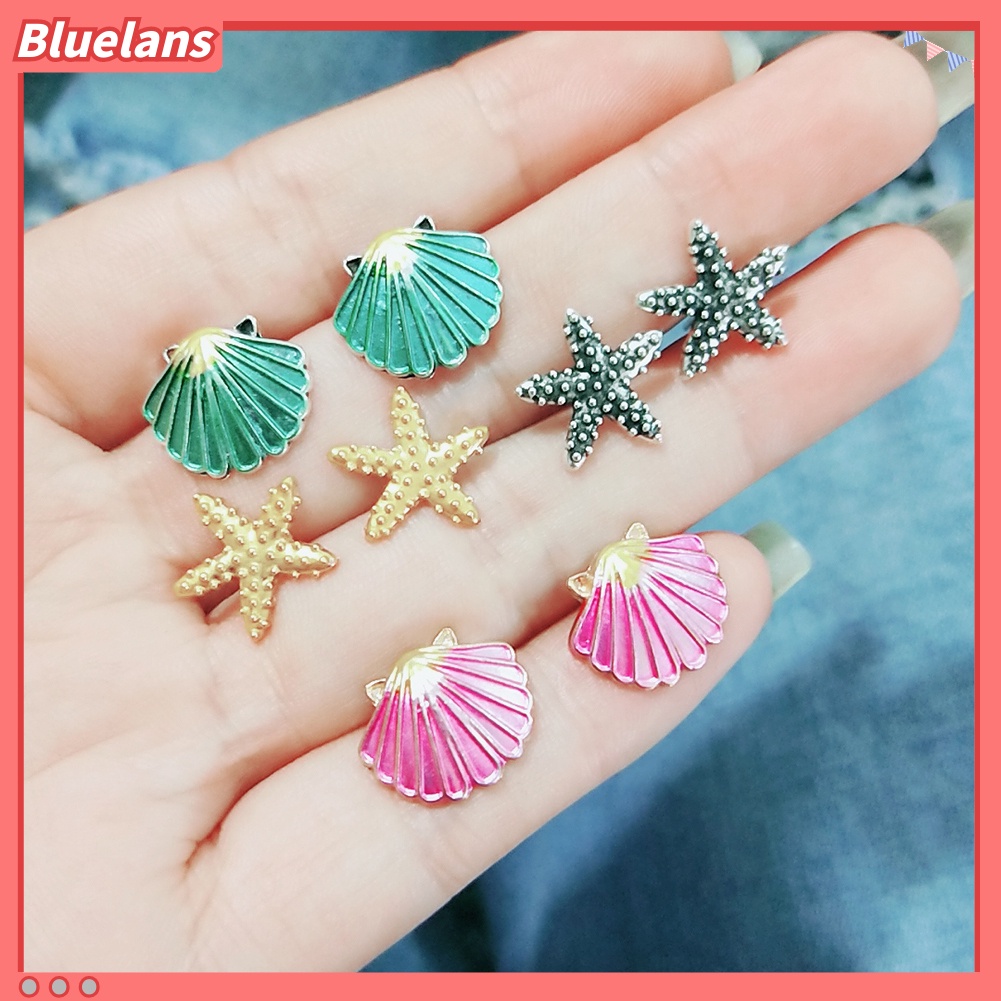 Bluelans 4 Pairs Boho Women Starfish Shell Stud Earrings Set Summer Jewelry Accessories