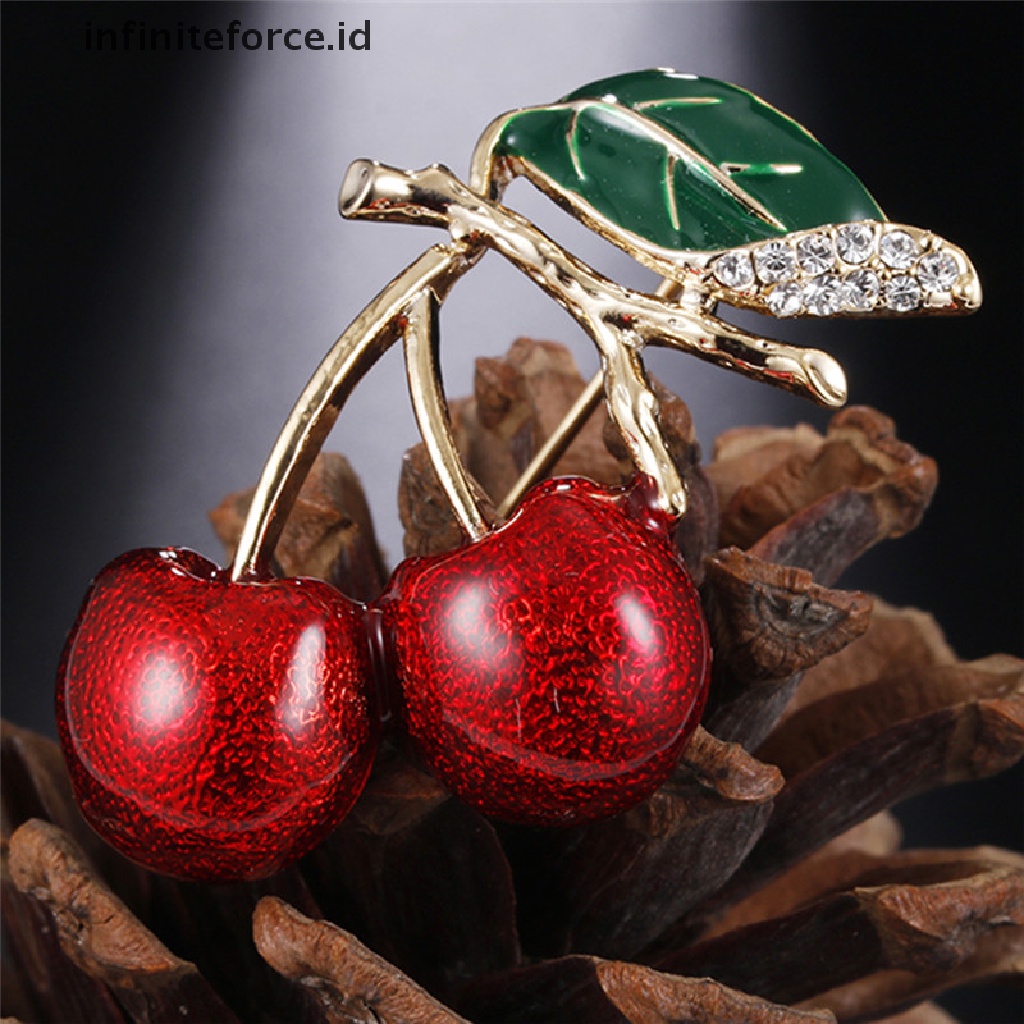 Bros Pin Enamel Bentuk Cherry Merah Bahan Metal Aksen Kristal Untuk Sweater