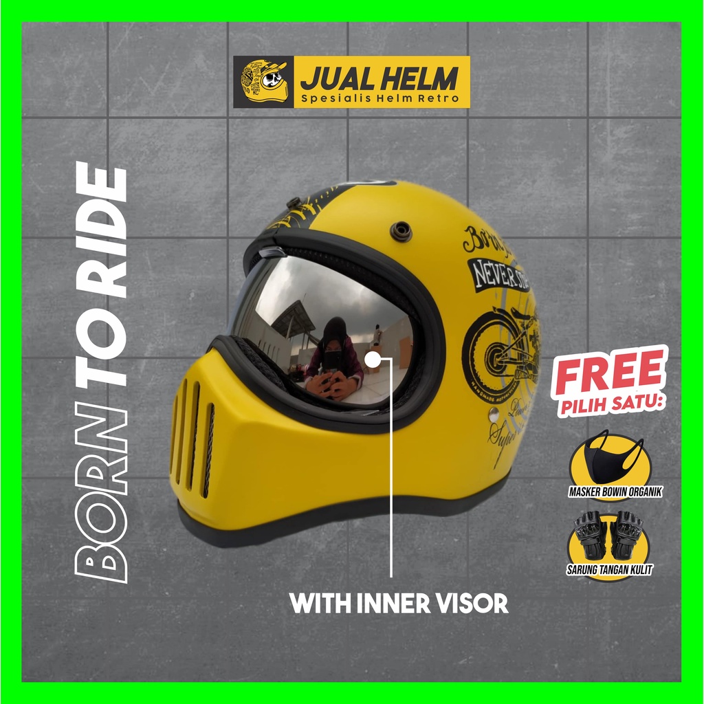 Helm Cakil HBC Born To Ride Yellow + Inner Visor ( Fullface / Retro / Klasik / Vespa )