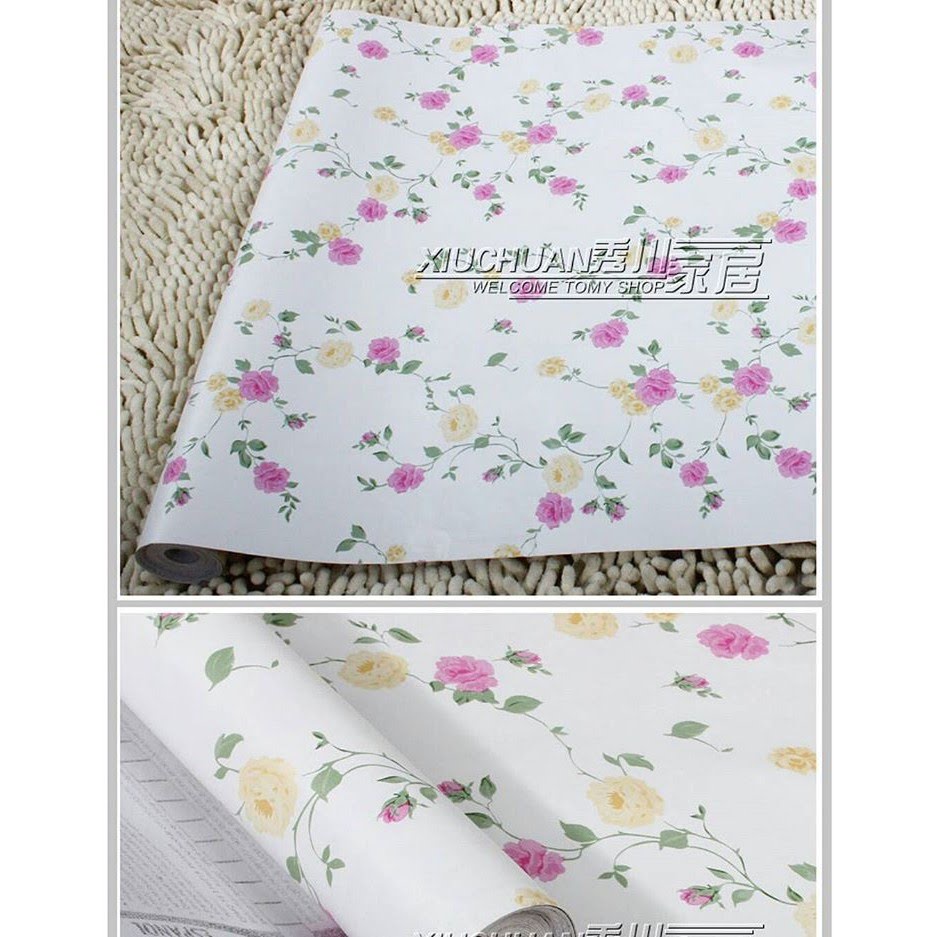 WALLPAPER/STICKER DINDING SHABBY CHIC PUTIH MAWAR PINK KUNING