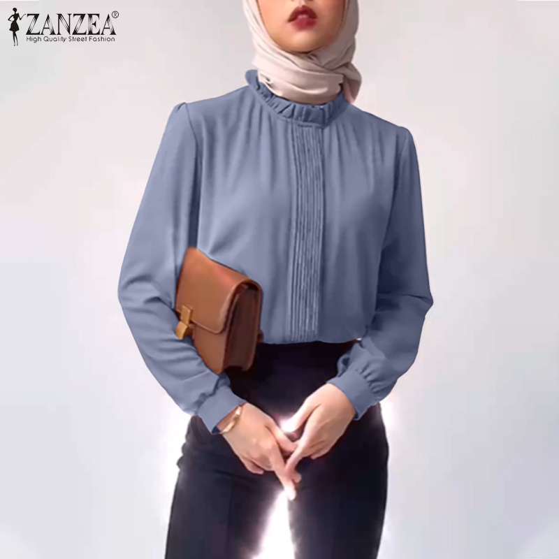 ZANZEA Retro Women Tops Blouse Muslim Solid Full Sleeve O Neck Casual Loose Holiday Office Shirt