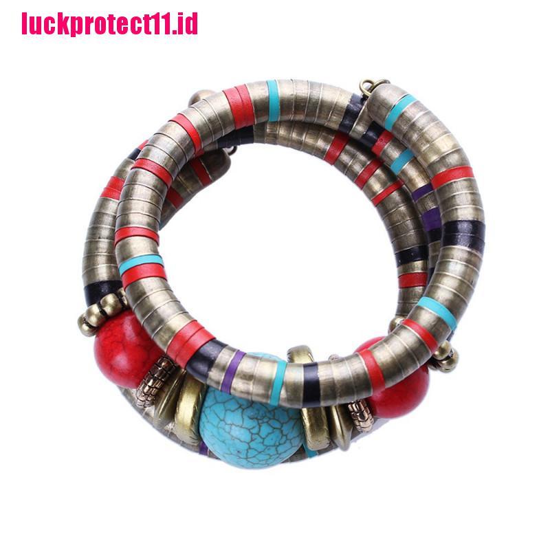 【LUCK】Women Silver Color Faux Turquoise Boho Adjust Bangles Charm Chic Beads Bracelets