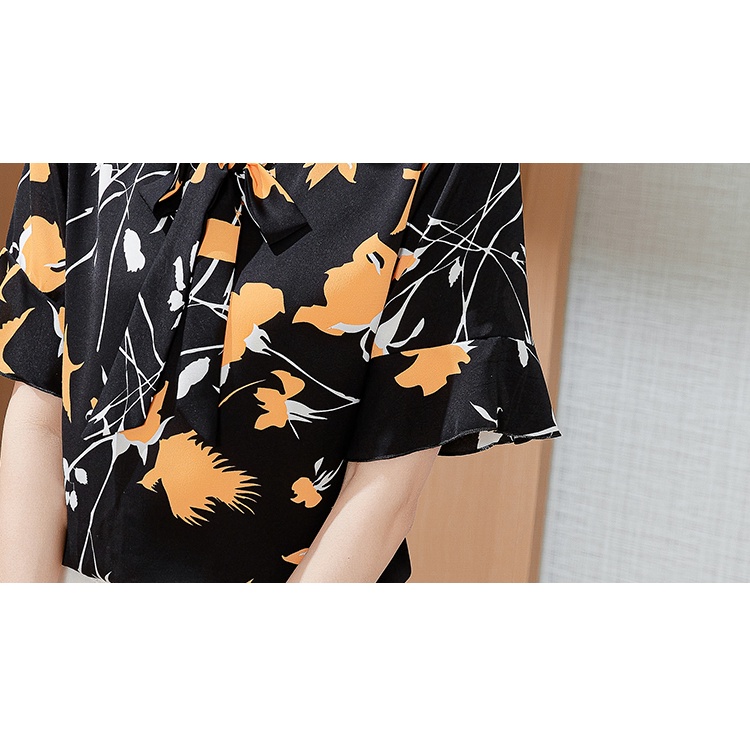 COD New 2022 Fashion Korean Floral Summer Short Sleeve Shirts Black White Women Blouse Tops Blus Wanita Lengan Pendek