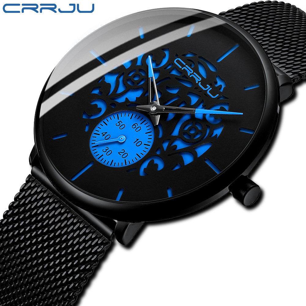 CRRJU Ultra Tipis Mesh Strap Watch Retro Hollow Bunga Kasual Keren Jam Tangan Pria Tahan Air+ BOX